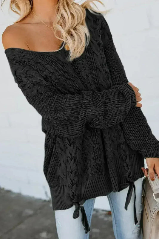 Black Love Letters Lace Up Cable Knit Sweater