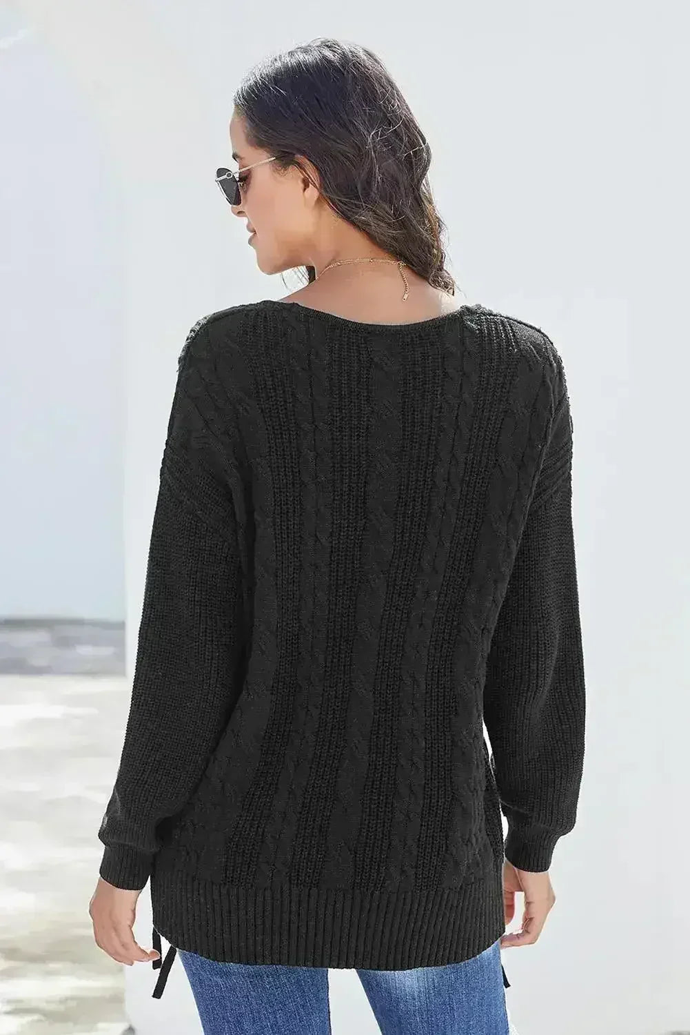 Black Love Letters Lace Up Cable Knit Sweater