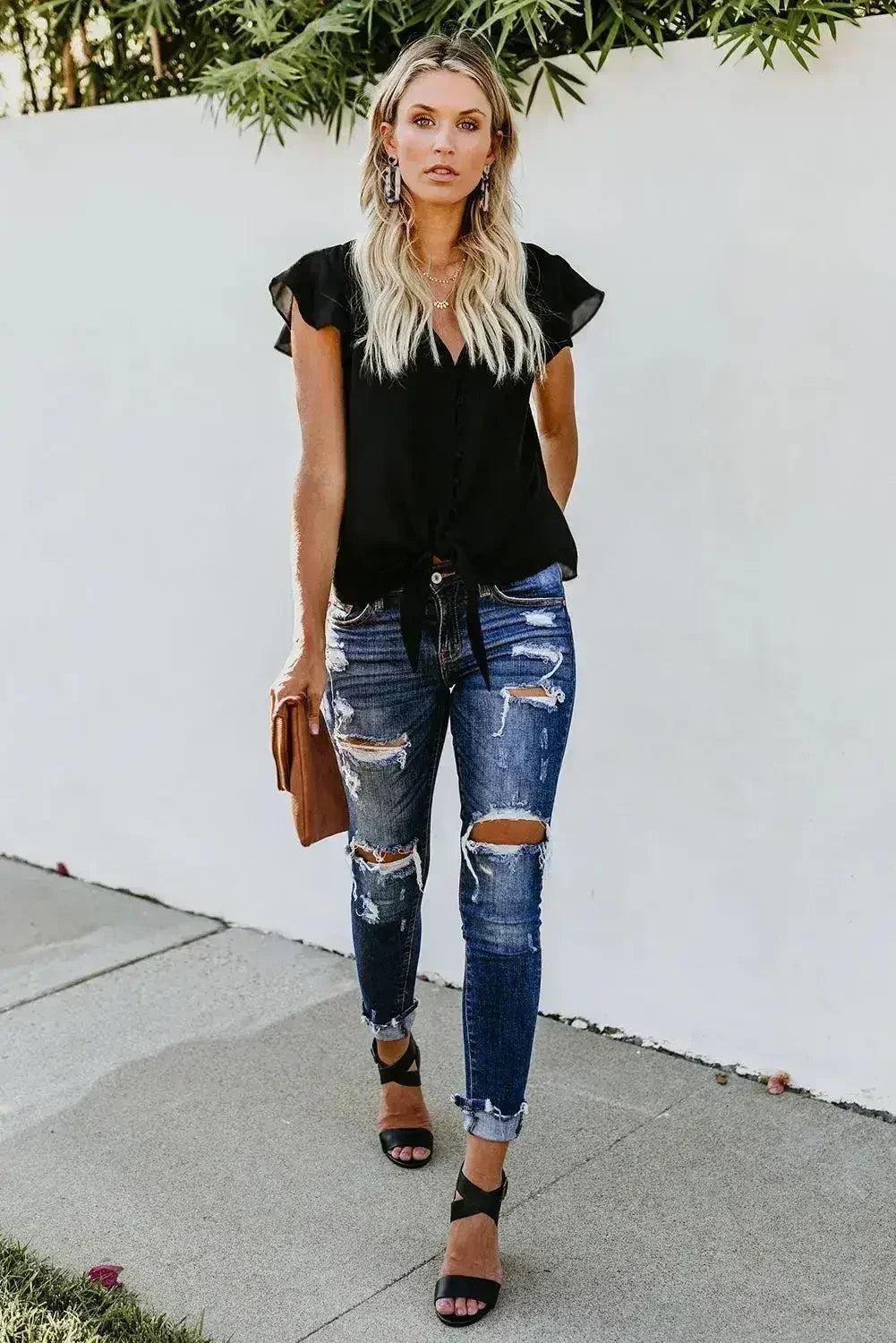 Black Button Down Tie Top - Casual V-Neck Blouse | Femstylo