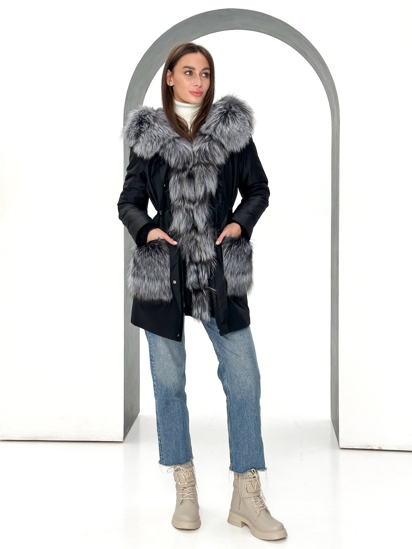 Genuine Silver Fox Fur Rabbit Fur Insulated Parka