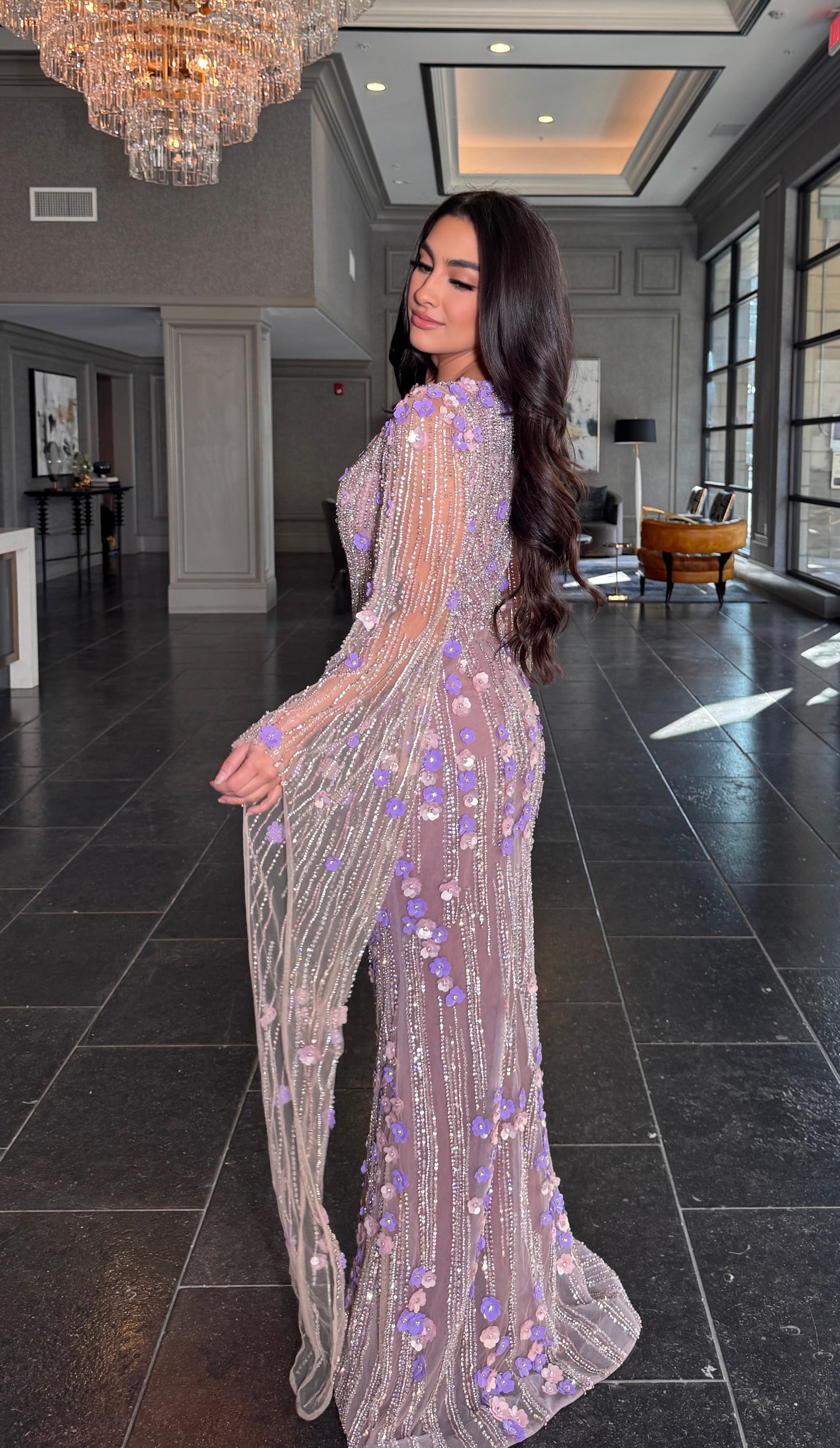 Basima Long Sleeve Floral Sequin Embellished Modest Evening Dress