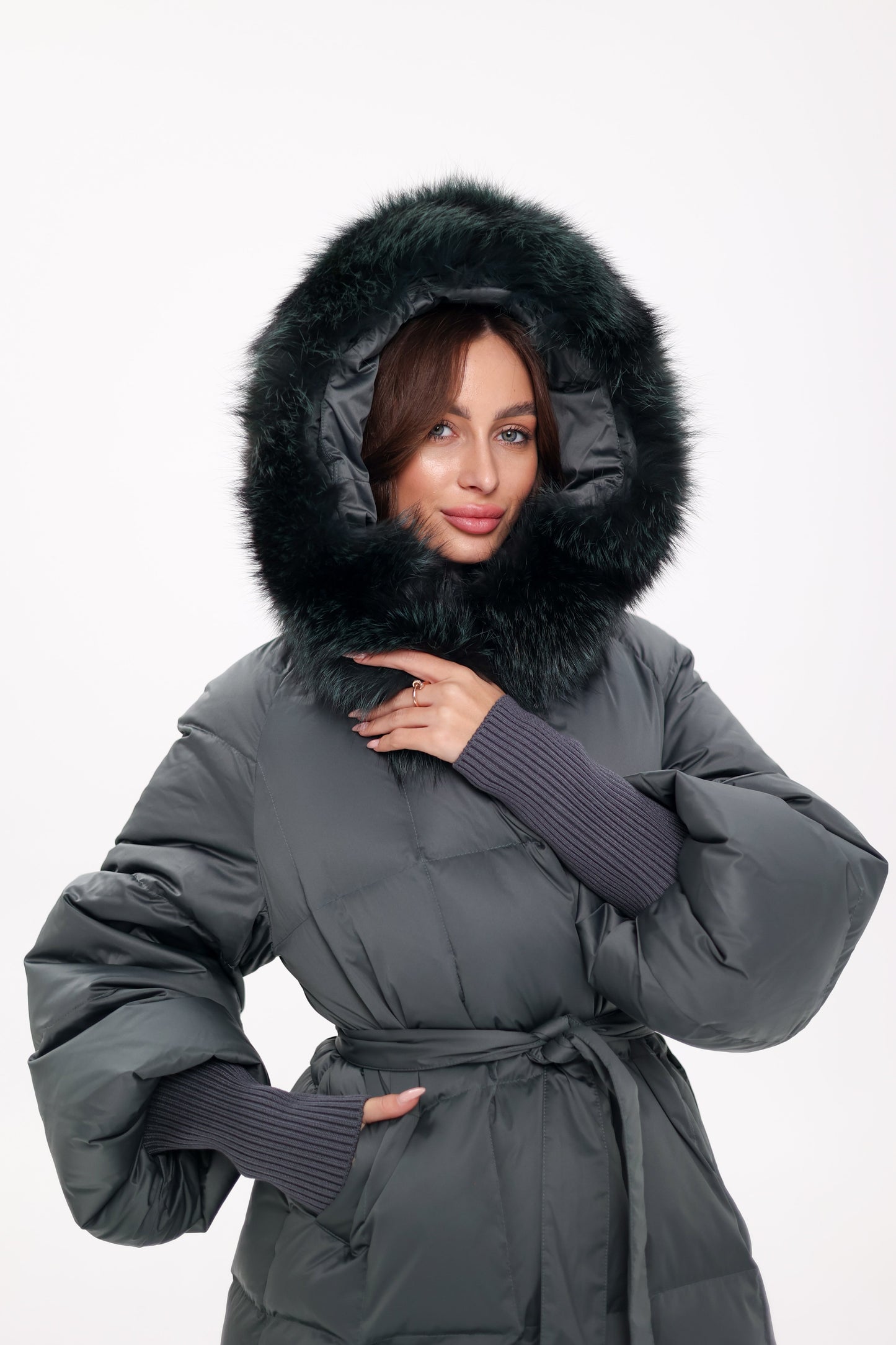 Genuine Silver Fox Fur Trim Down Coat in Forest Slate