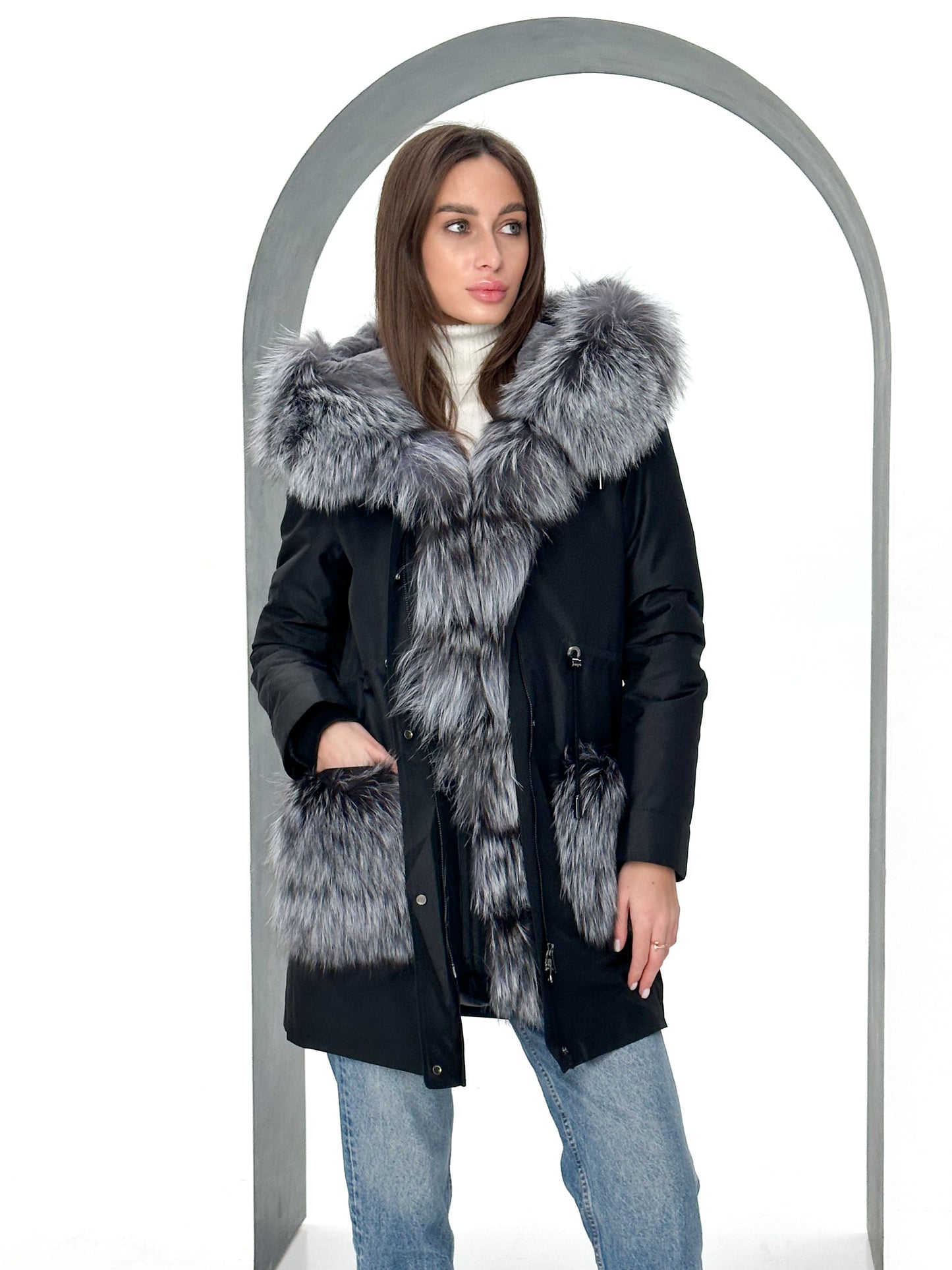 Genuine Silver Fox Fur Rabbit Fur Insulated Parka