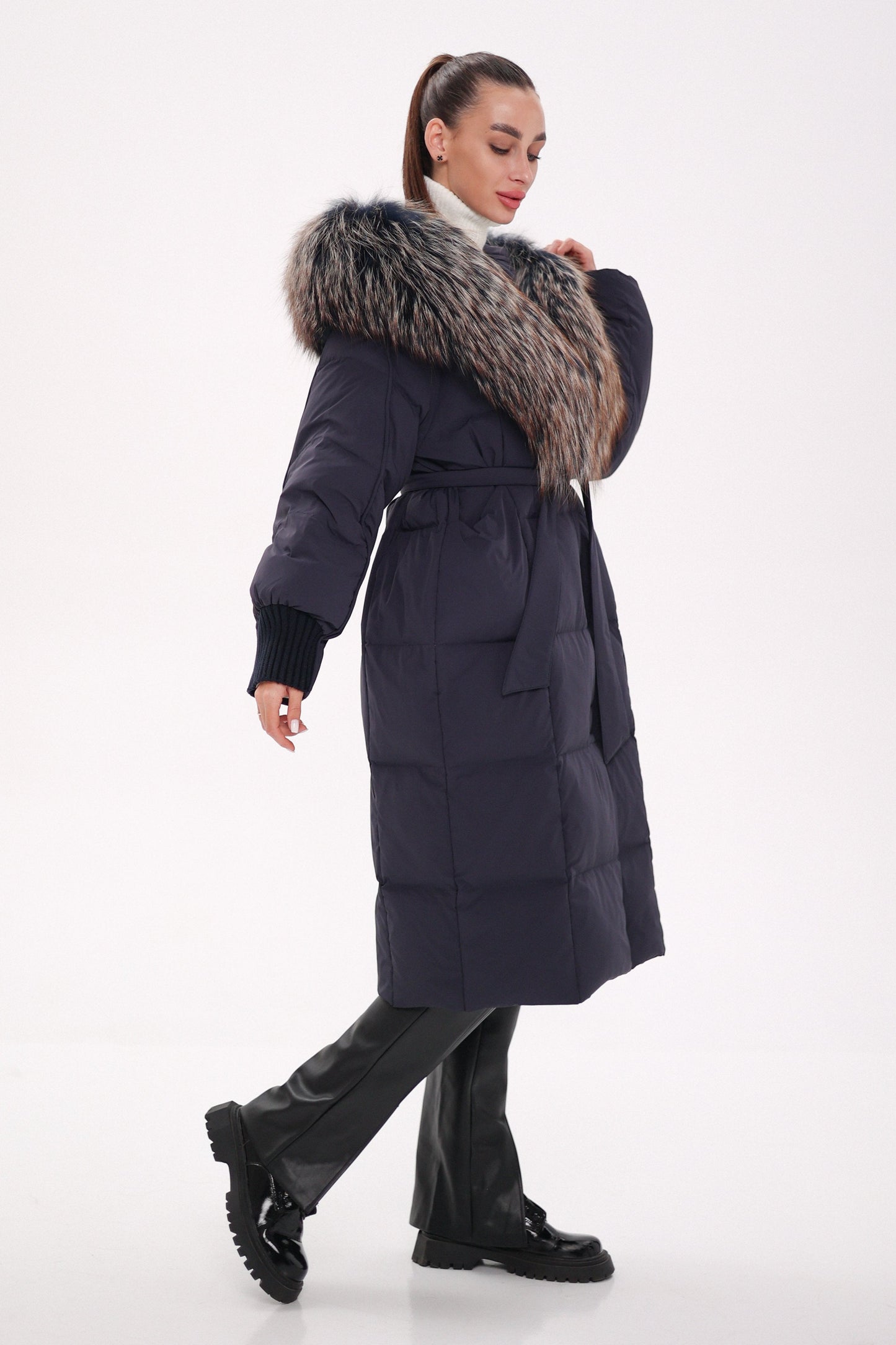 Rei Genuine Fur Trim Hooded Down Coat in Navy