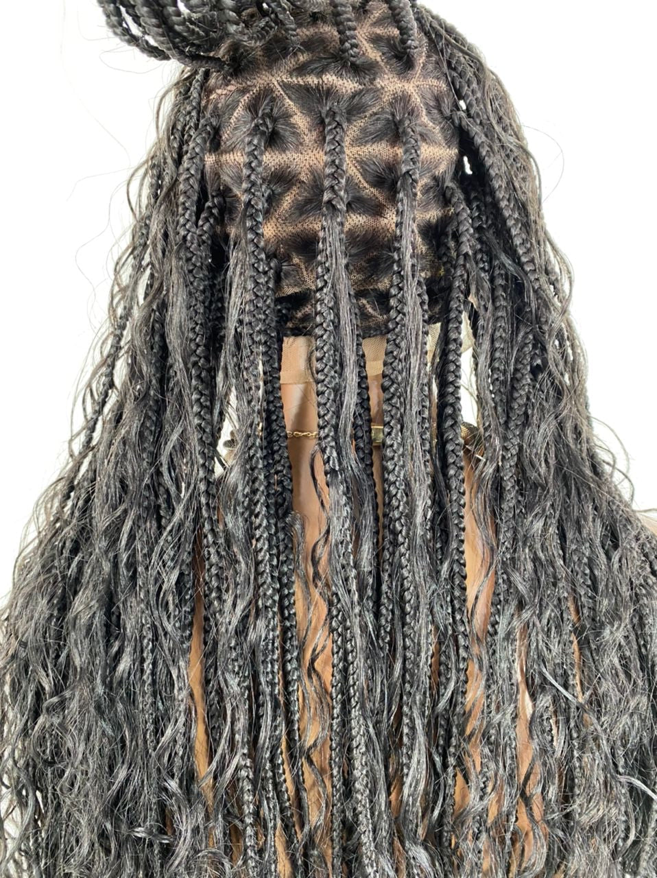 Crush Bohemian Cornrow Braided Wig, Swiss Full Lace, Black Color, Waist Length, Standard Density.
