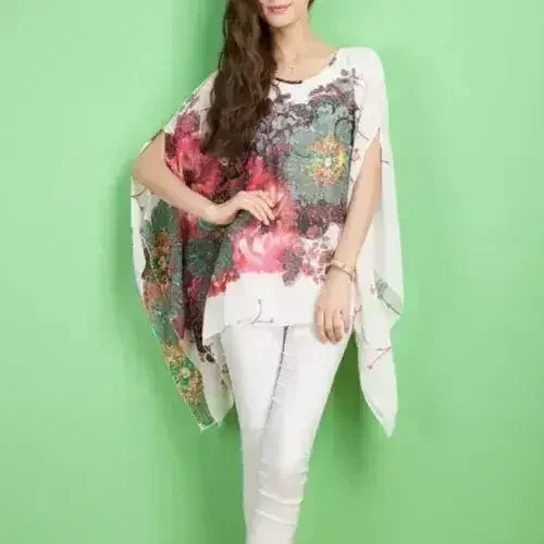 Peony Floral Top - Batwing Chiffon Blouse | Femstylo