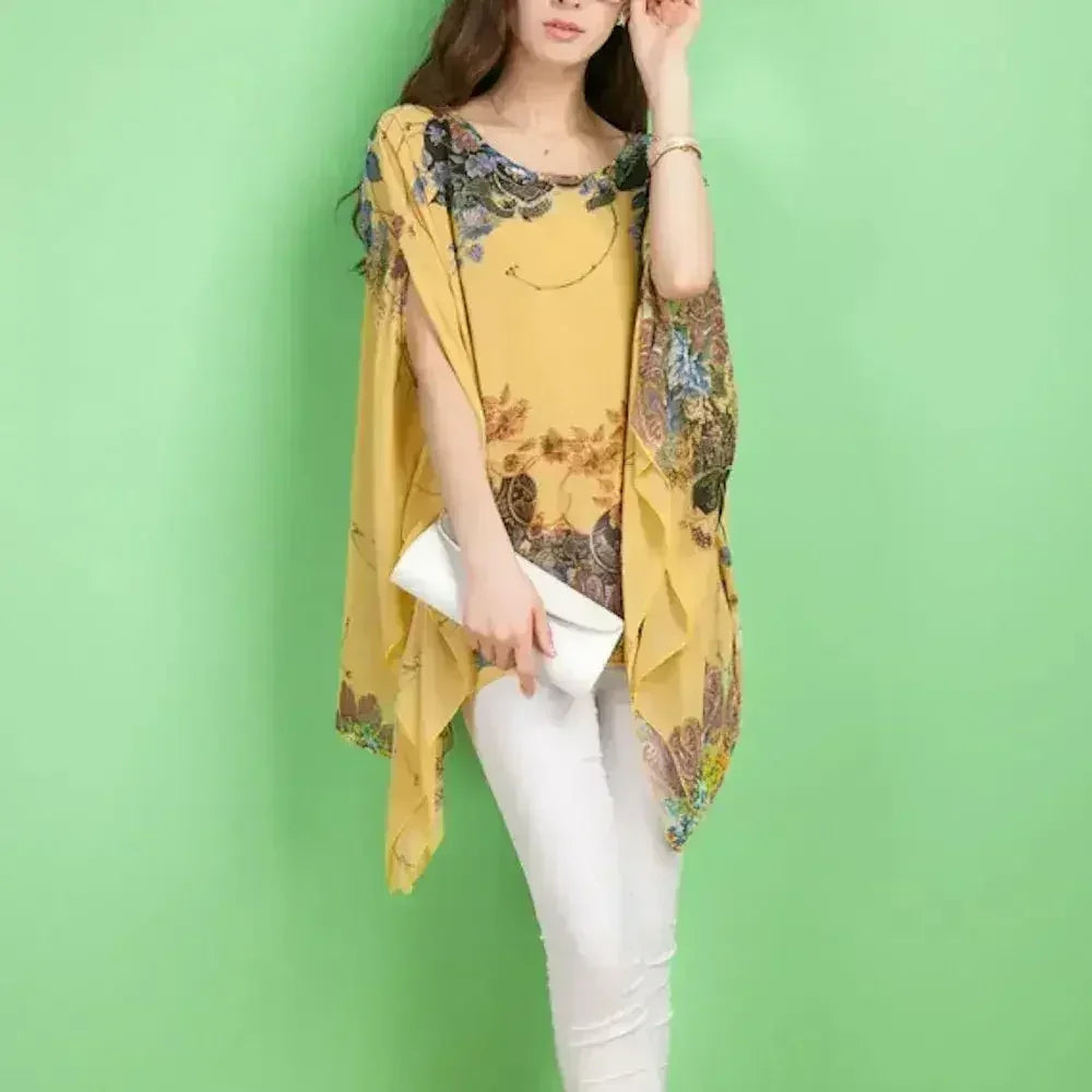 Peony Floral Top - Batwing Chiffon Blouse | Femstylo