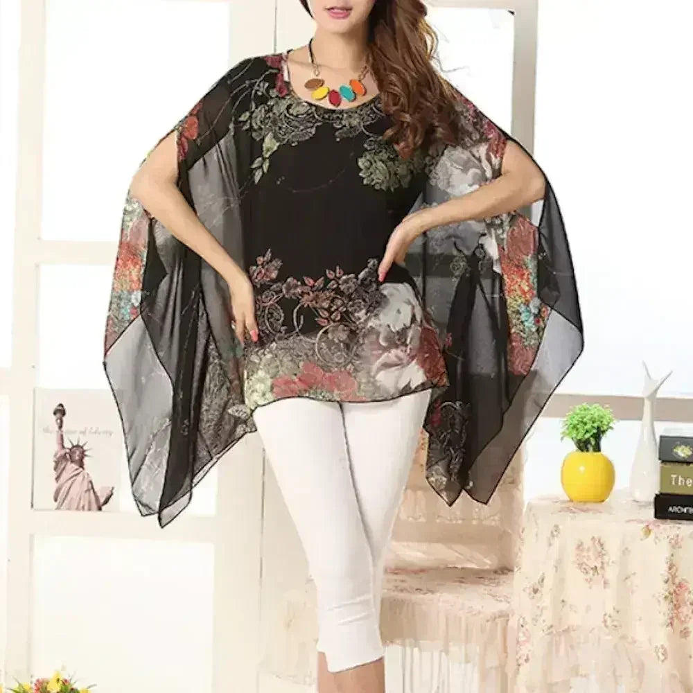 Peony Floral Top - Batwing Chiffon Blouse | Femstylo