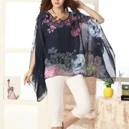 Peony Floral Top - Batwing Chiffon Blouse | Femstylo