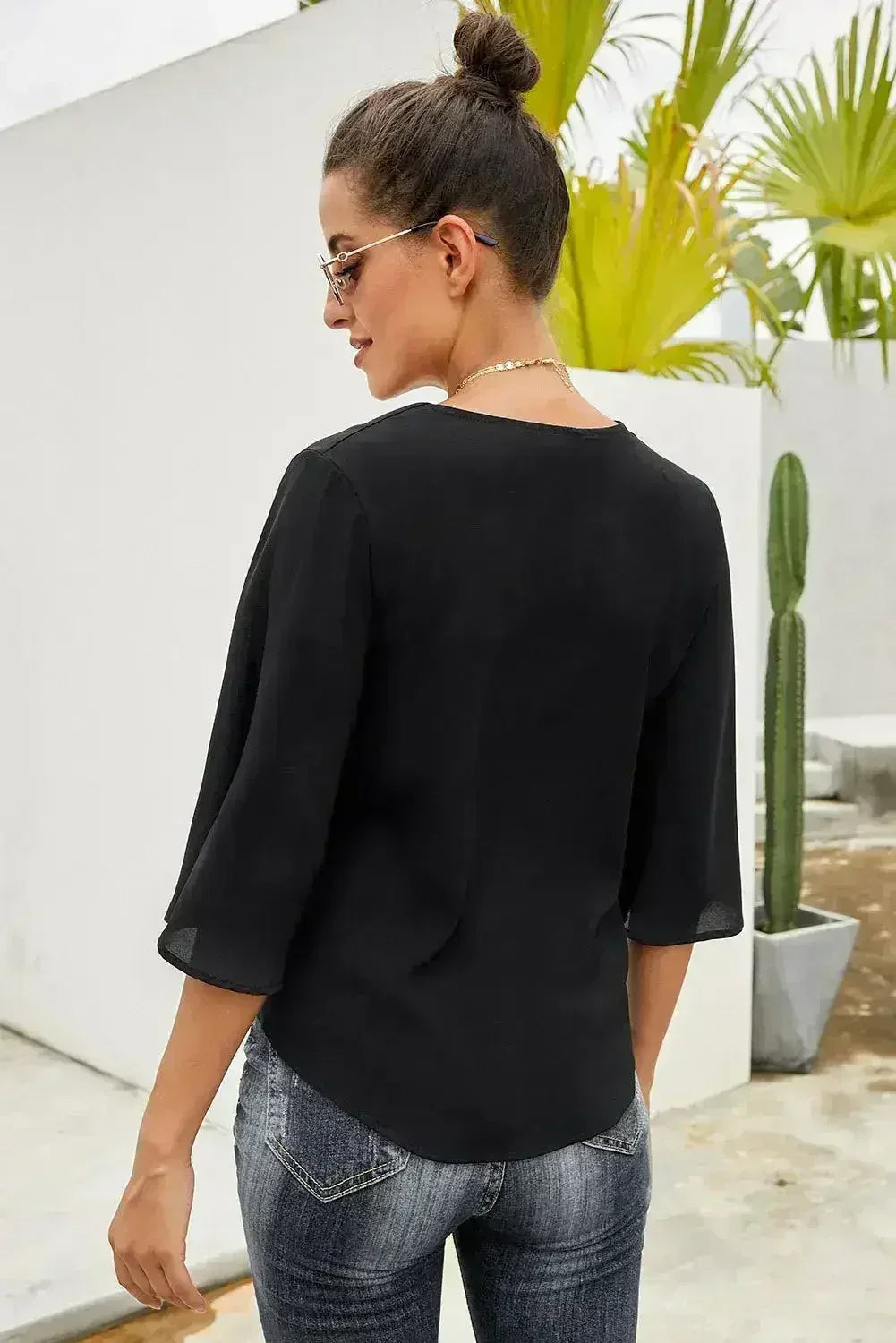 Black Button-Down Tie Blouse - V-Neck 3/4 Sleeve Top for Women | Femstylo
