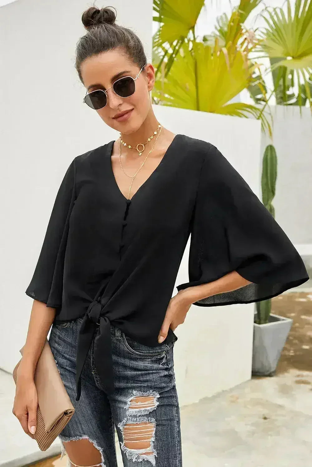 Black Button-Down Tie Blouse - V-Neck 3/4 Sleeve Top for Women | Femstylo