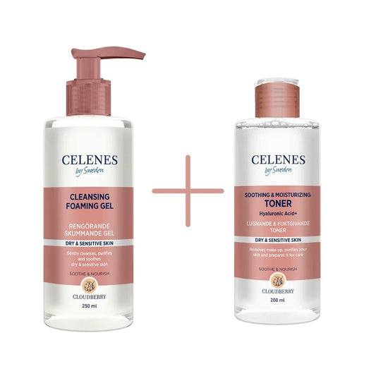 Celenes by Sweden Cloudberry Cleasing Foaming Gel 250 ml / 8.5 fl oz & Soothing & Moisturizing Toner 200 ml / 6.8 fl oz
