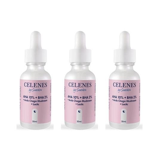 Celenes by Sweden Rena AHA 10 % + BHA 2 % + Champignon Chaga Arctique + Lactique 30 ml - Pack de 3
