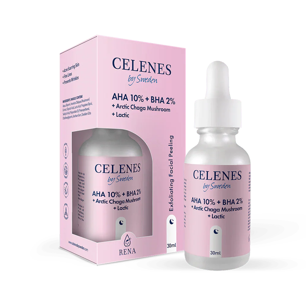 Celenes by Sweden Rena AHA 10 % + BHA 2 % + Champignon Chaga Arctique + Lactique 30 ml - Pack de 3
