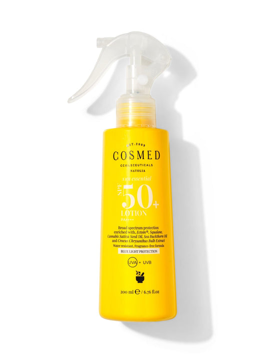 Cosmed Sun Essential Lotion SPF 50, format familial, spray solaire visage et corps, pour tous types de peau, 200 ml