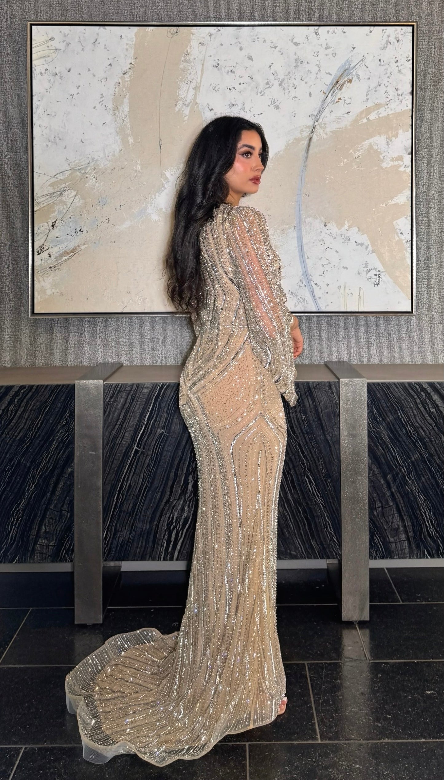 Anisa Modest Long Flare Wrist Sleeve Beaded Mermaid Gown