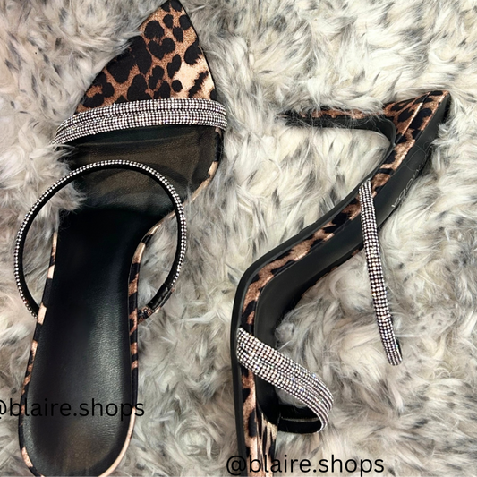 Leopardesse Leopard Print  Pointy Toe Stiletto Rhinestone Slides