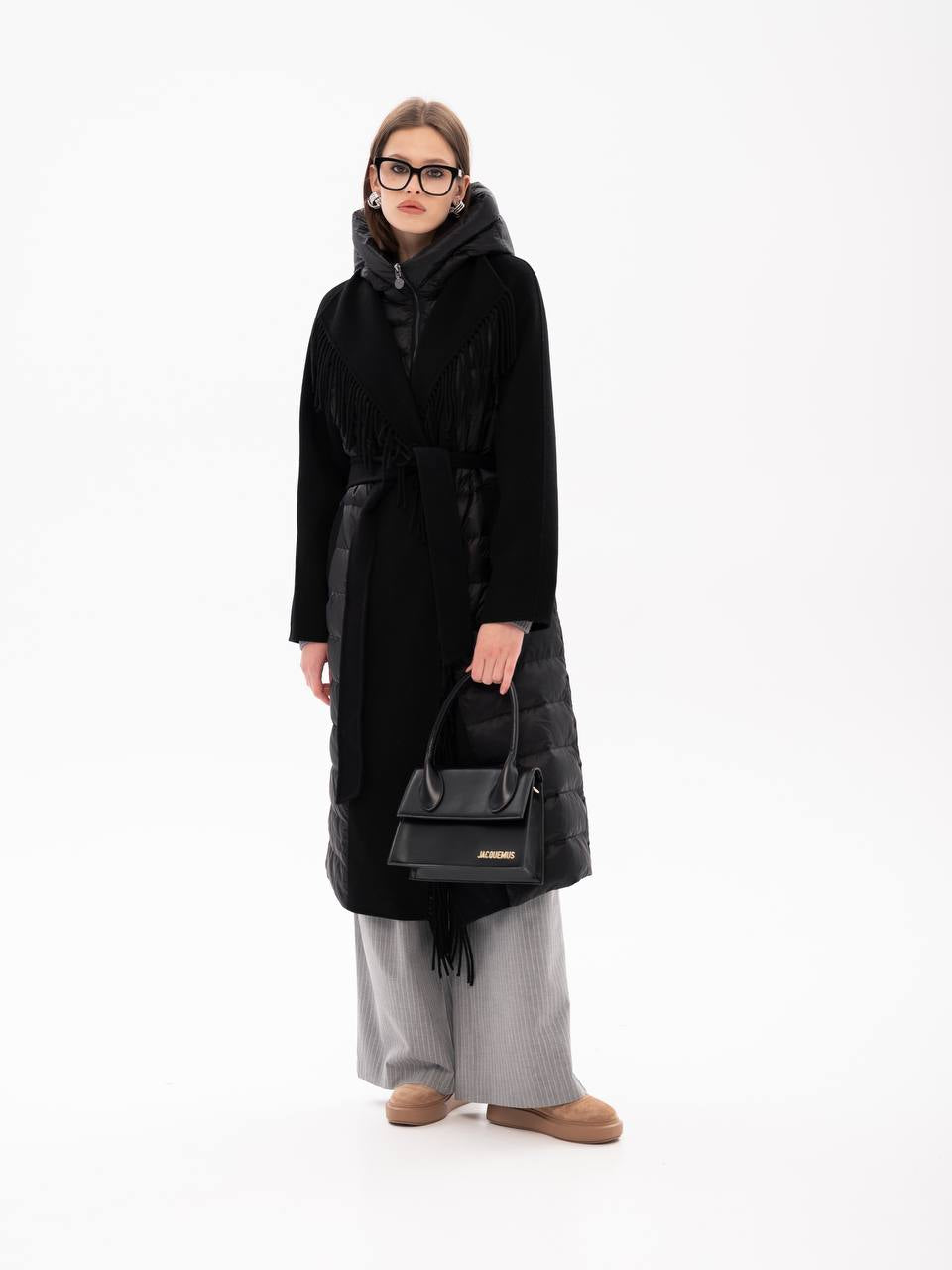 Manteau Kennedy en mélange de laine et duvet de luxe à franges, noir