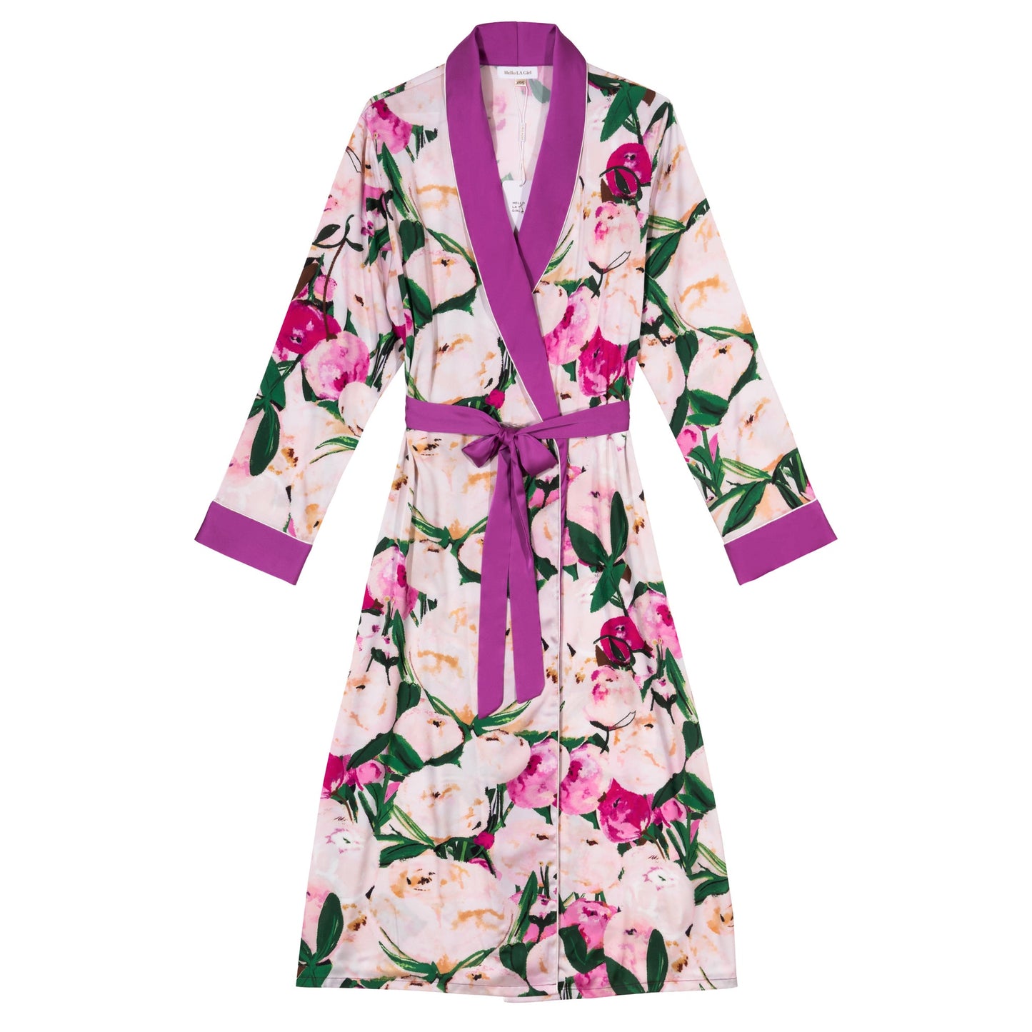 Pink Flower Print Purple Silky Satin Robe With Belt