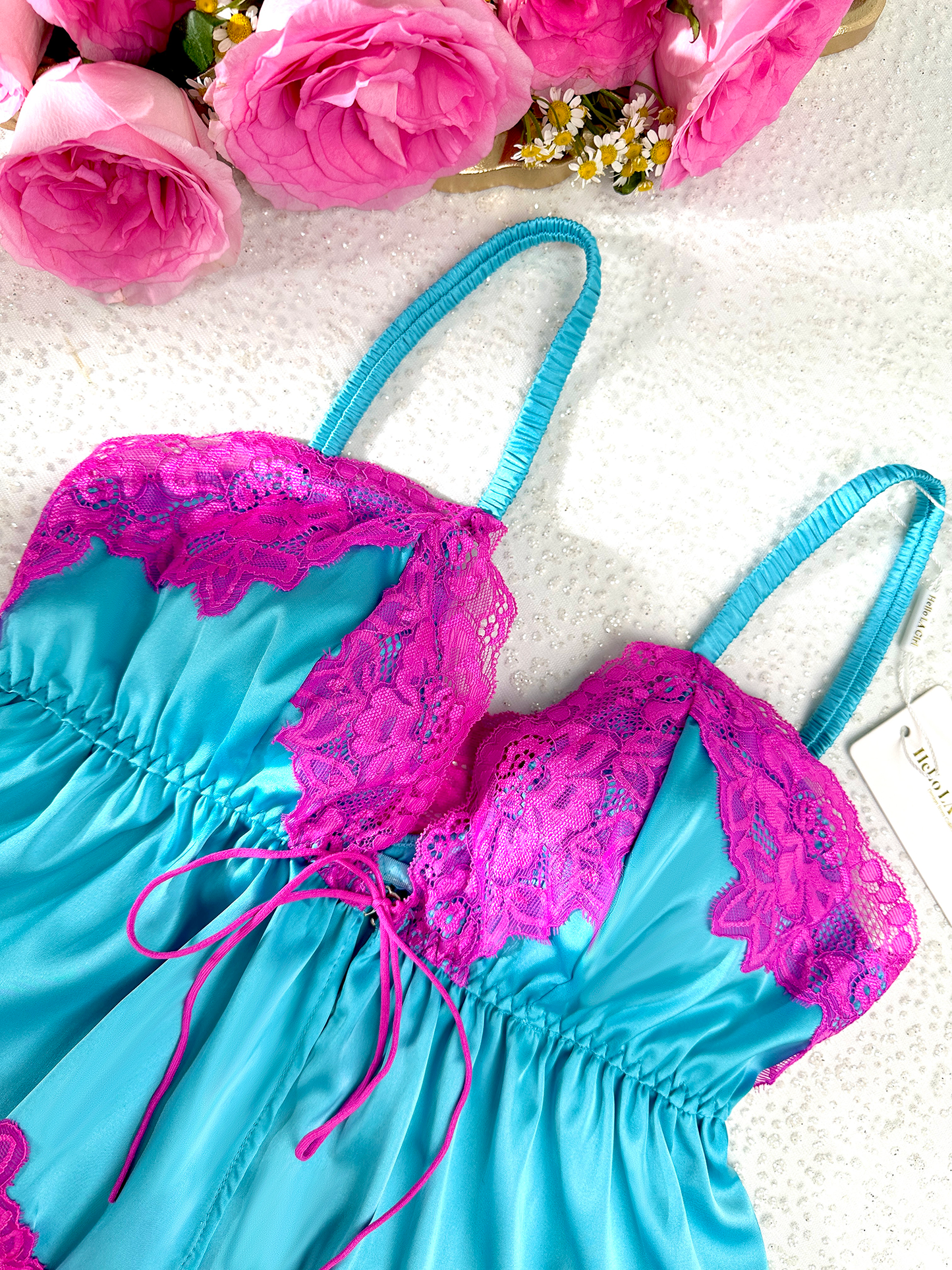 Pink Lace & Blue Silk Contrast Lingerie Set