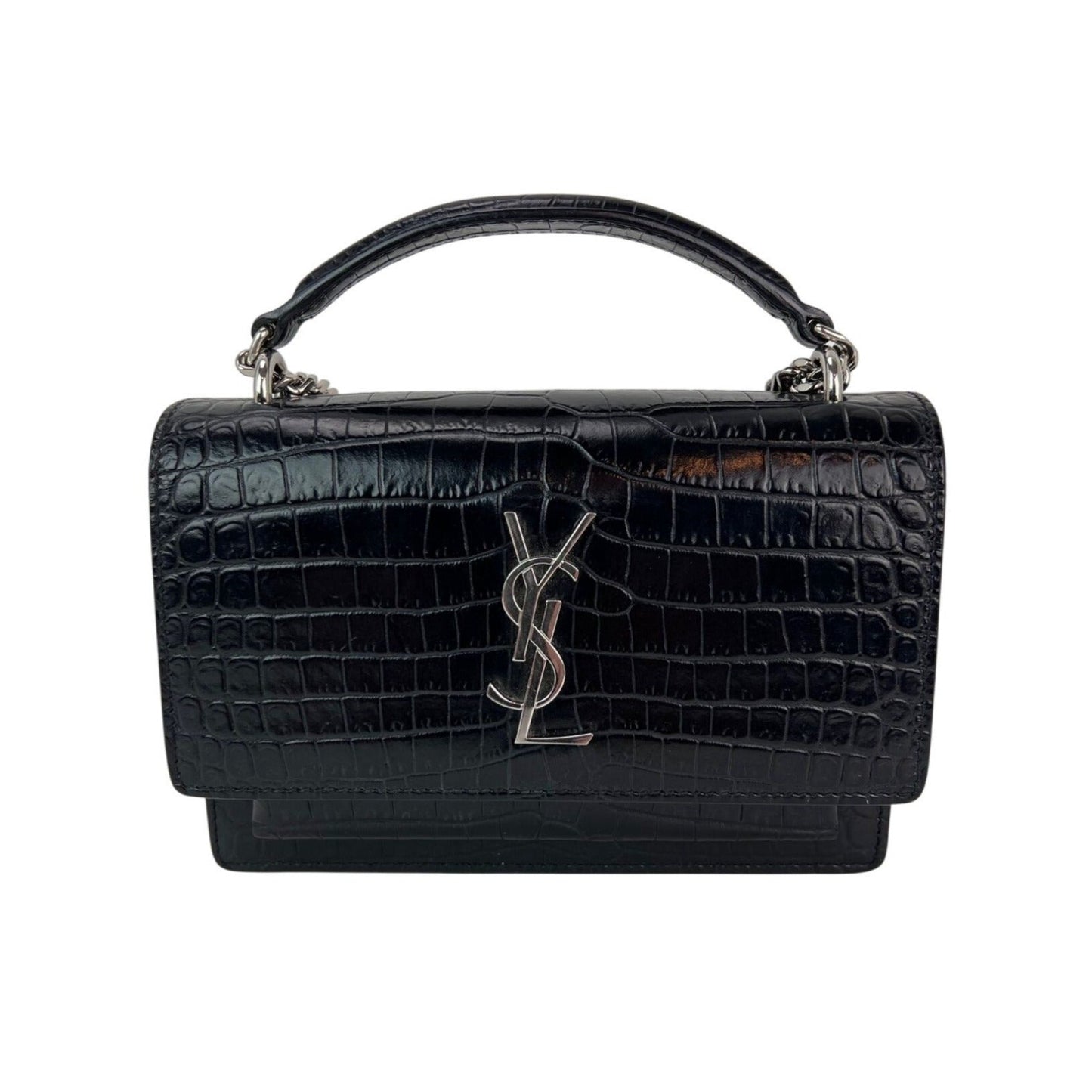 Portefeuille Sunset en cuir noir Saint Laurent sur une chaîne, sac en relief crocodile