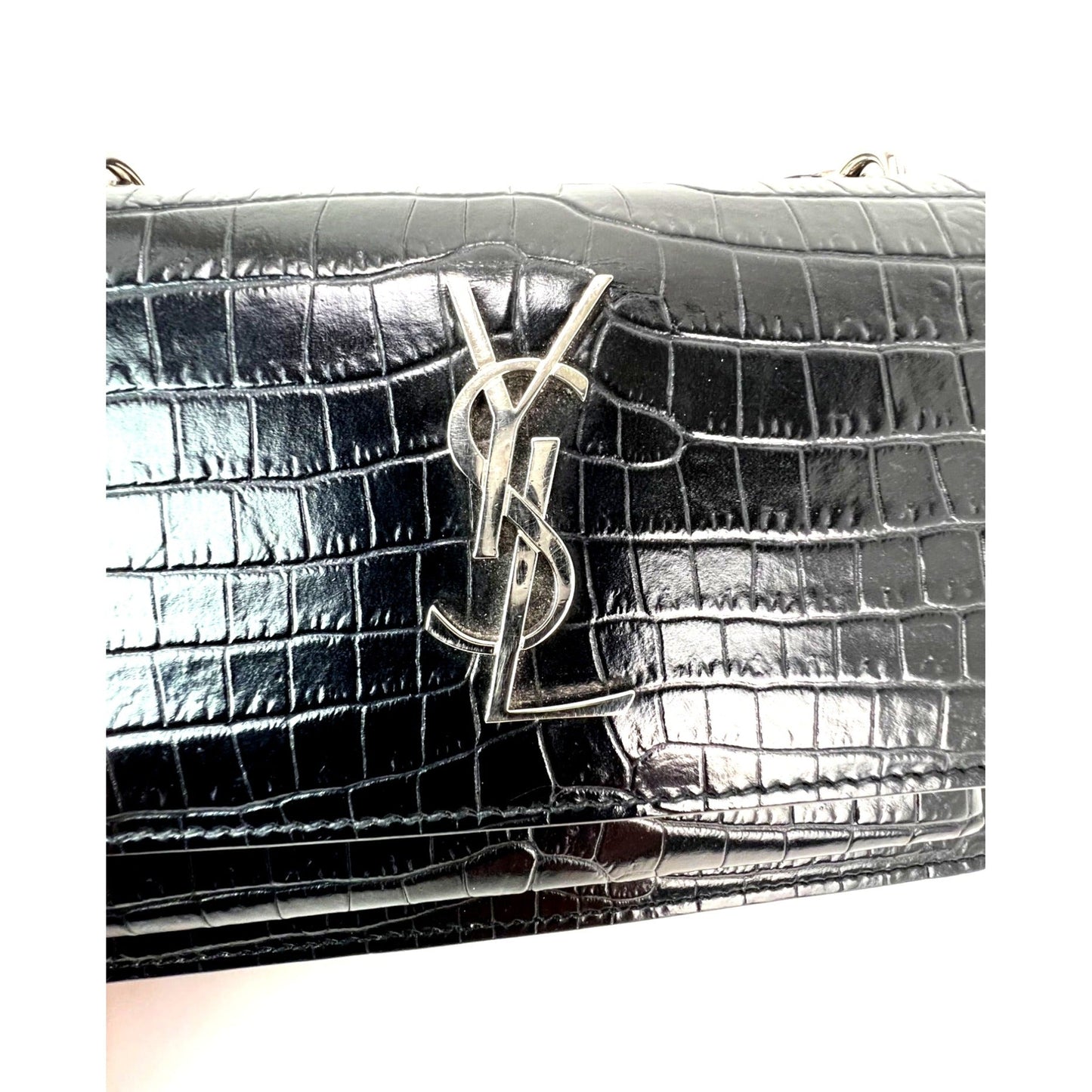 Portefeuille Sunset en cuir noir Saint Laurent sur une chaîne, sac en relief crocodile