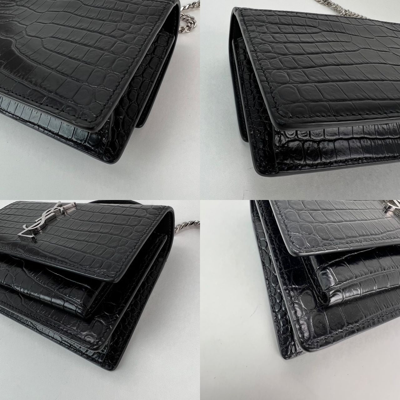 Portefeuille Sunset en cuir noir Saint Laurent sur une chaîne, sac en relief crocodile