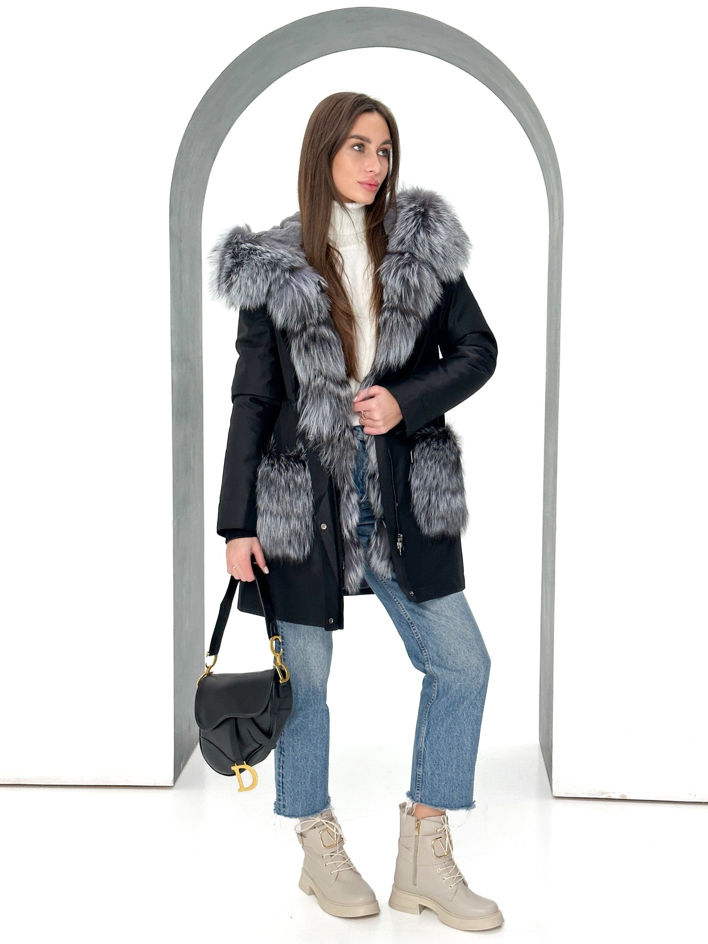Roma Genuine Silver Fox Fur Rabbit Fur Insulated Parka in Red