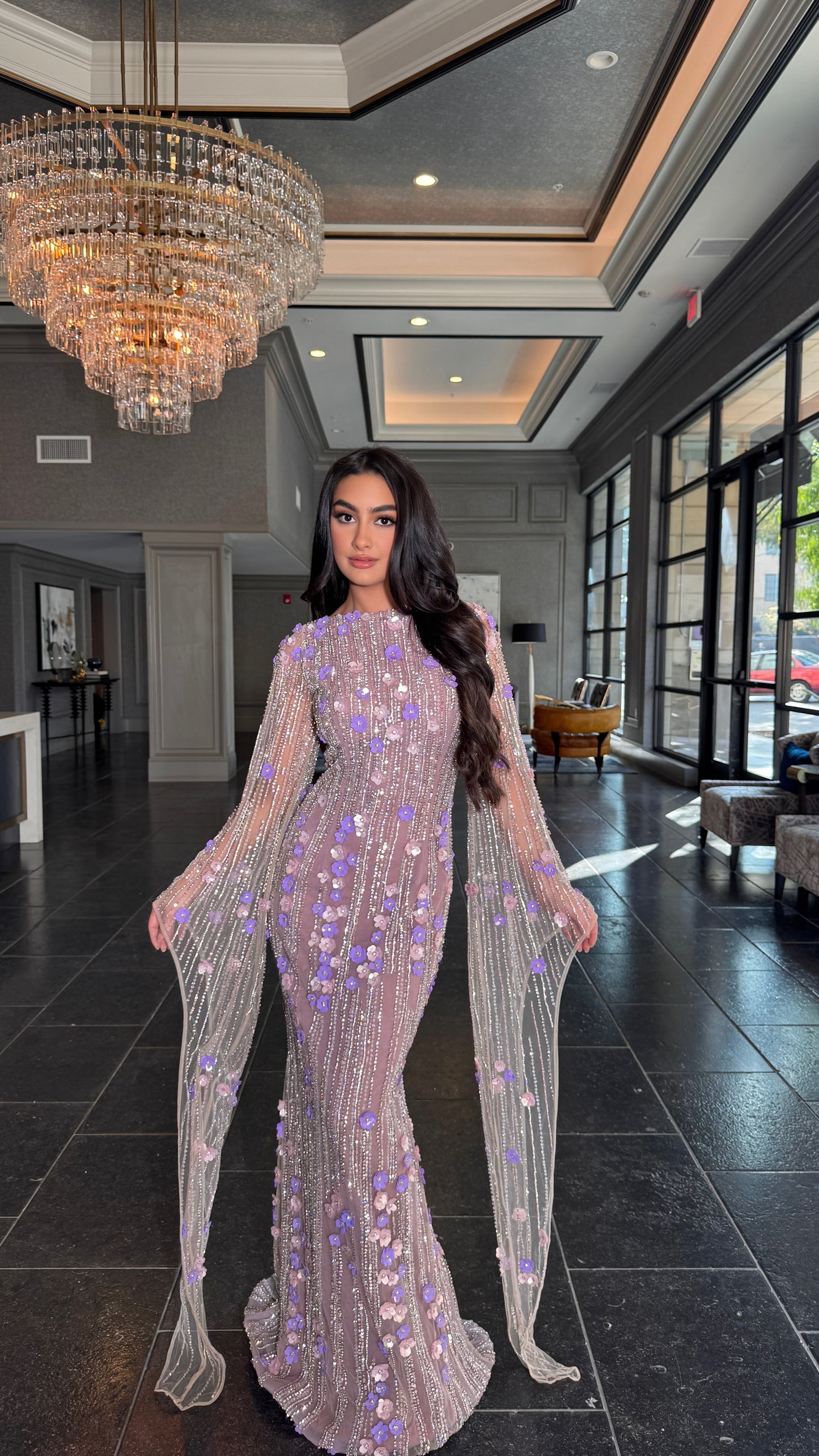 Basima Long Sleeve Floral Sequin Embellished Modest Evening Dress