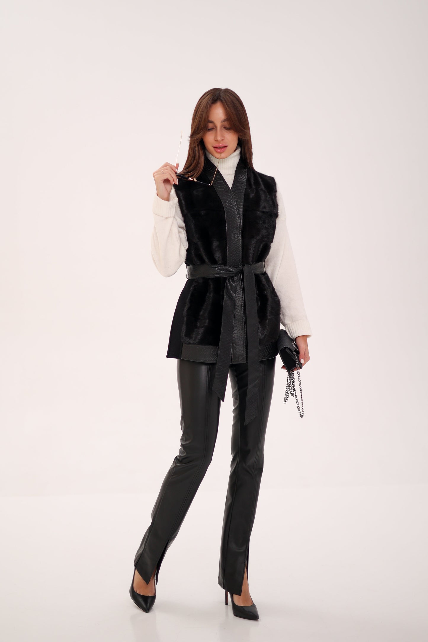 Genuine Mink Fur Leather Trim Wool Vest