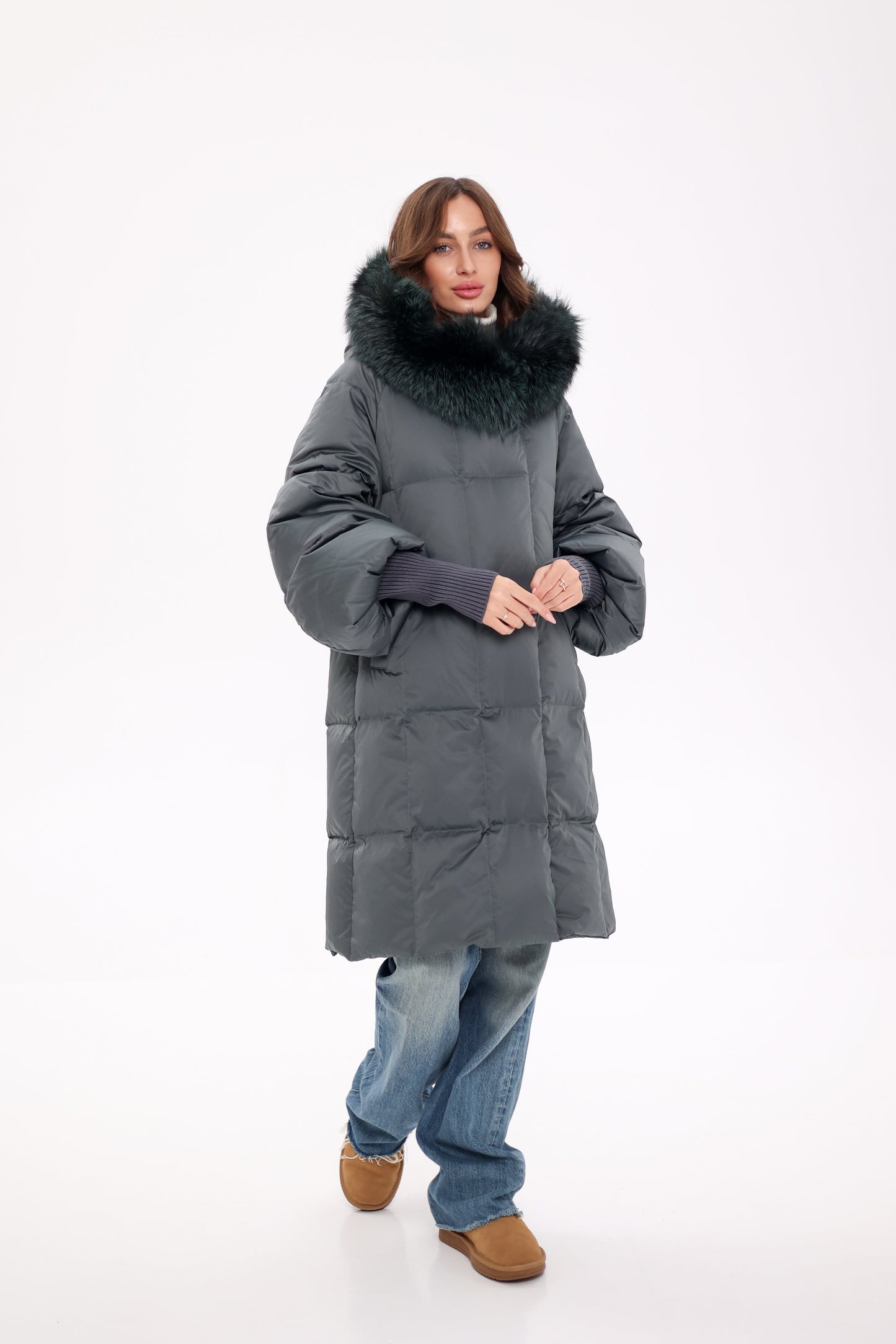 Genuine Silver Fox Fur Trim Down Coat in Forest Slate