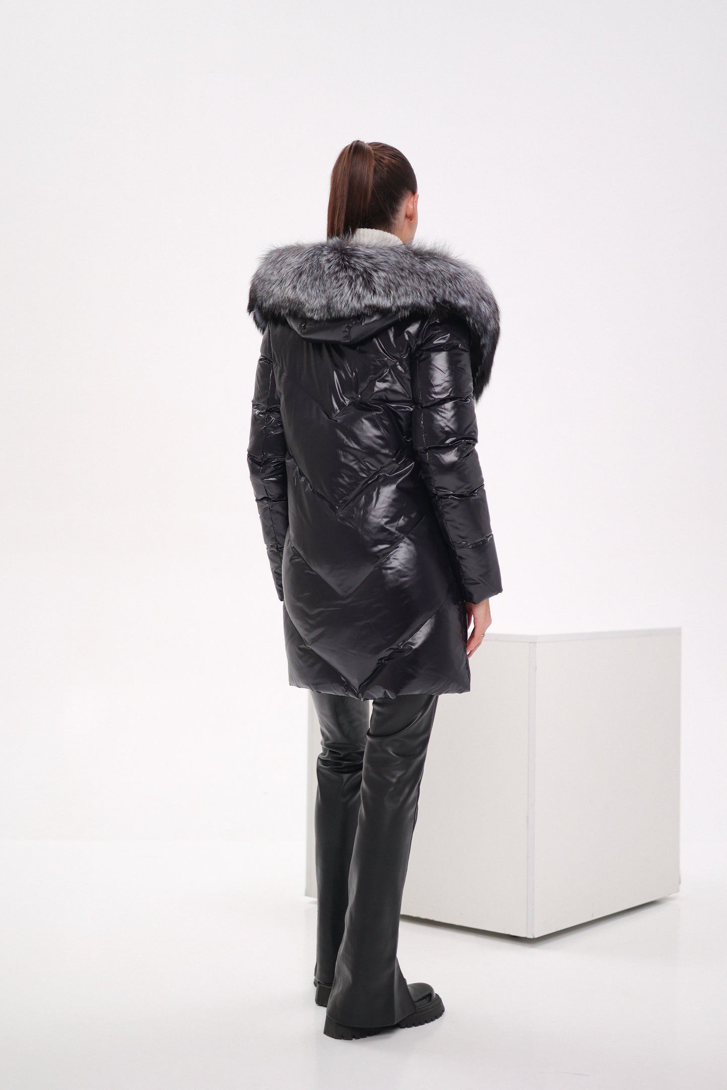 Genuine Silver Fox Fur Down Fill Coat