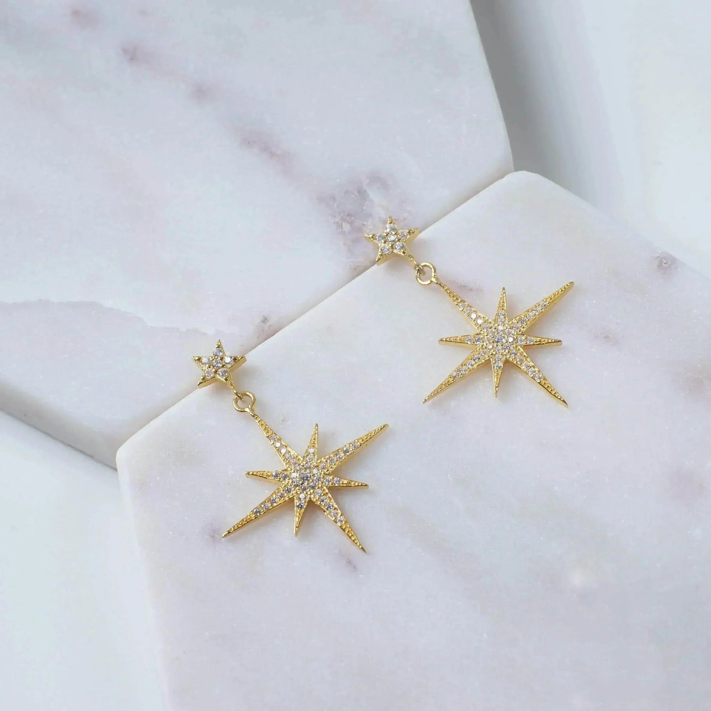 Petite Star Burst Drop Earrings | Gold CZ Celestial Jewelry - Femstylo
