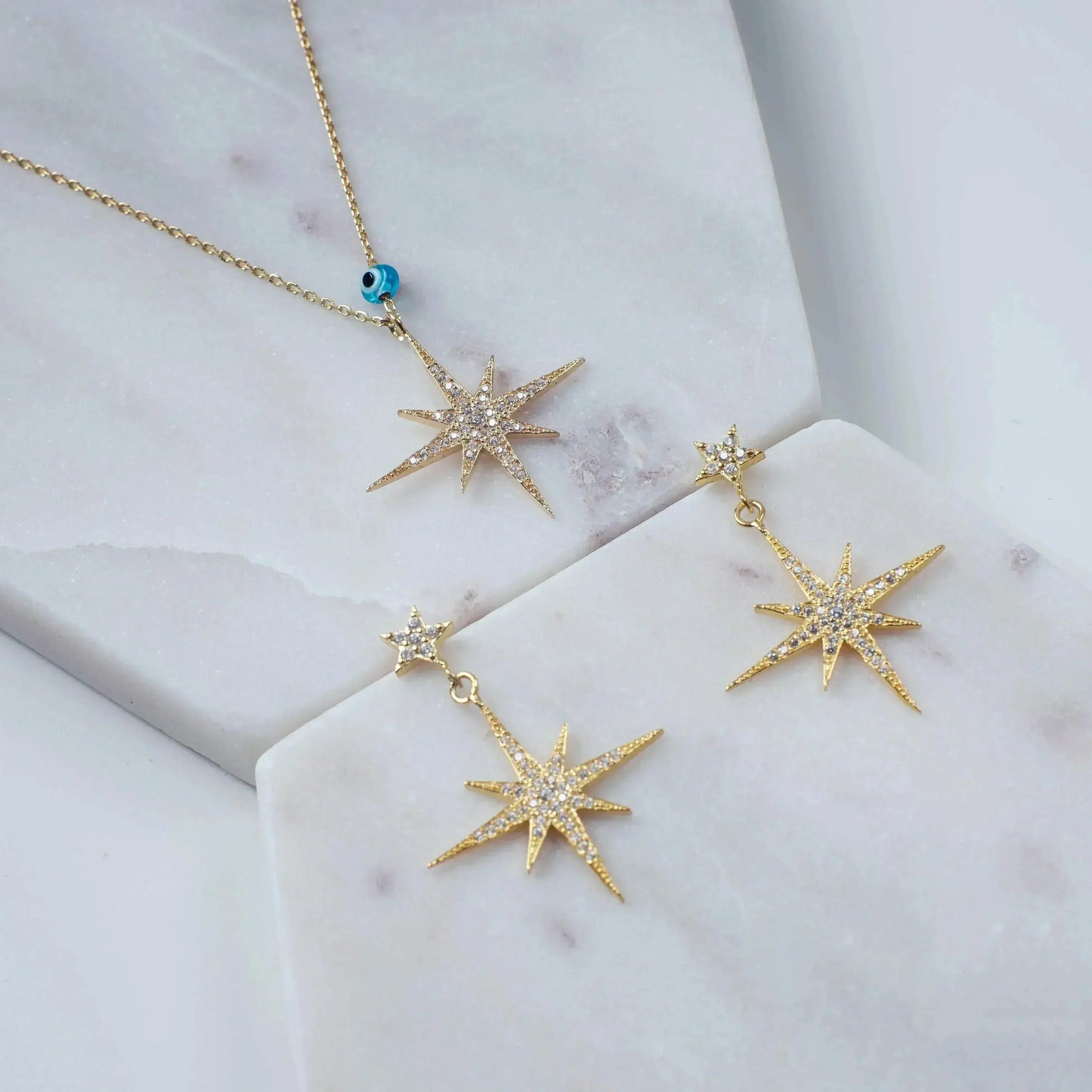 Petite Star Burst Drop Earrings | Gold CZ Celestial Jewelry - Femstylo
