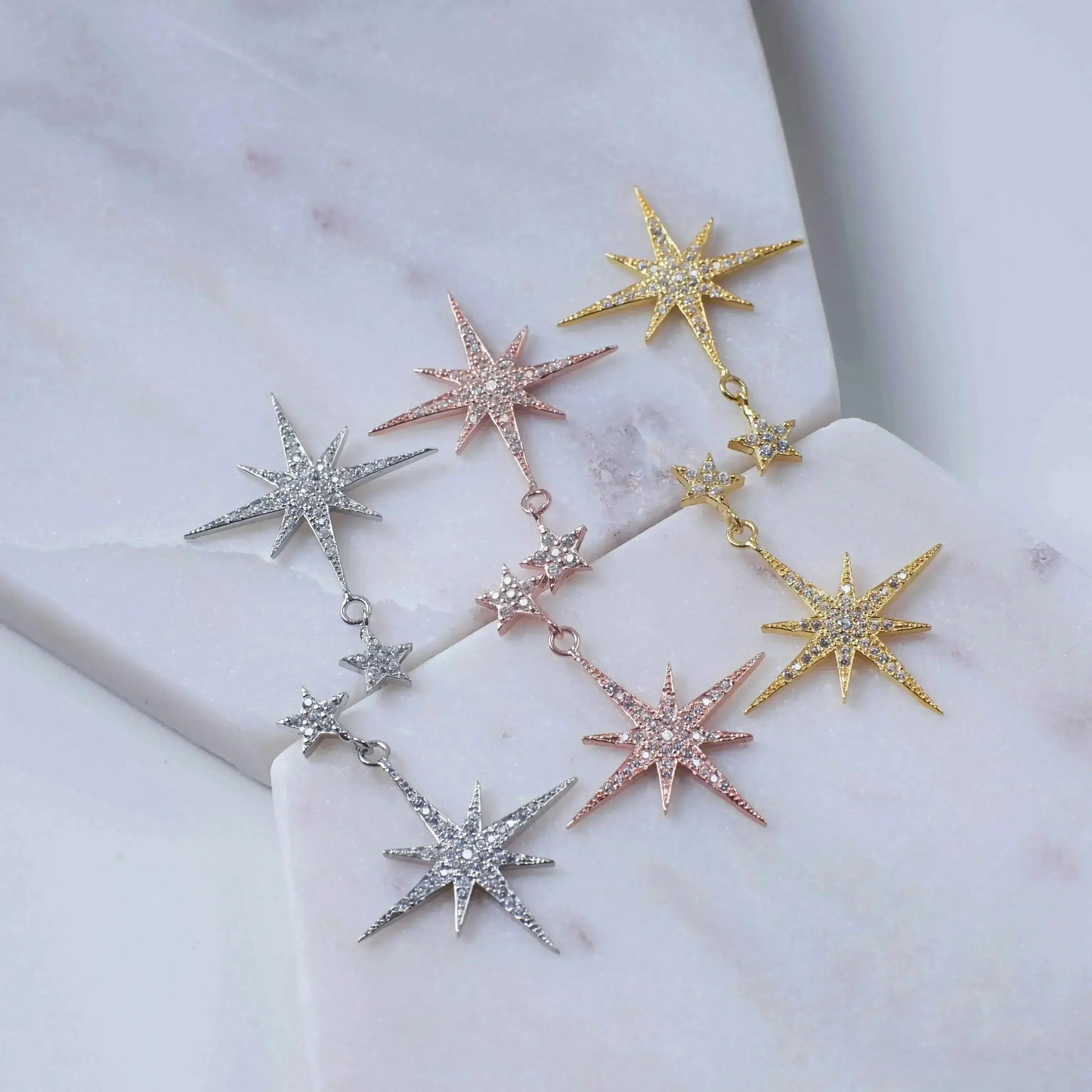 Petite Star Burst Drop Earrings | Silver Celestial Jewelry - Femstylo