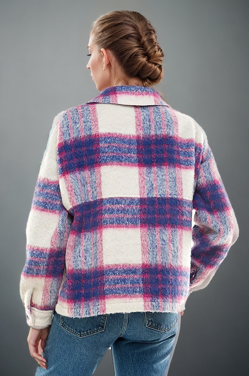 Soulful Serenity Denim Blue and Pink Brushed Plaid Shacket.