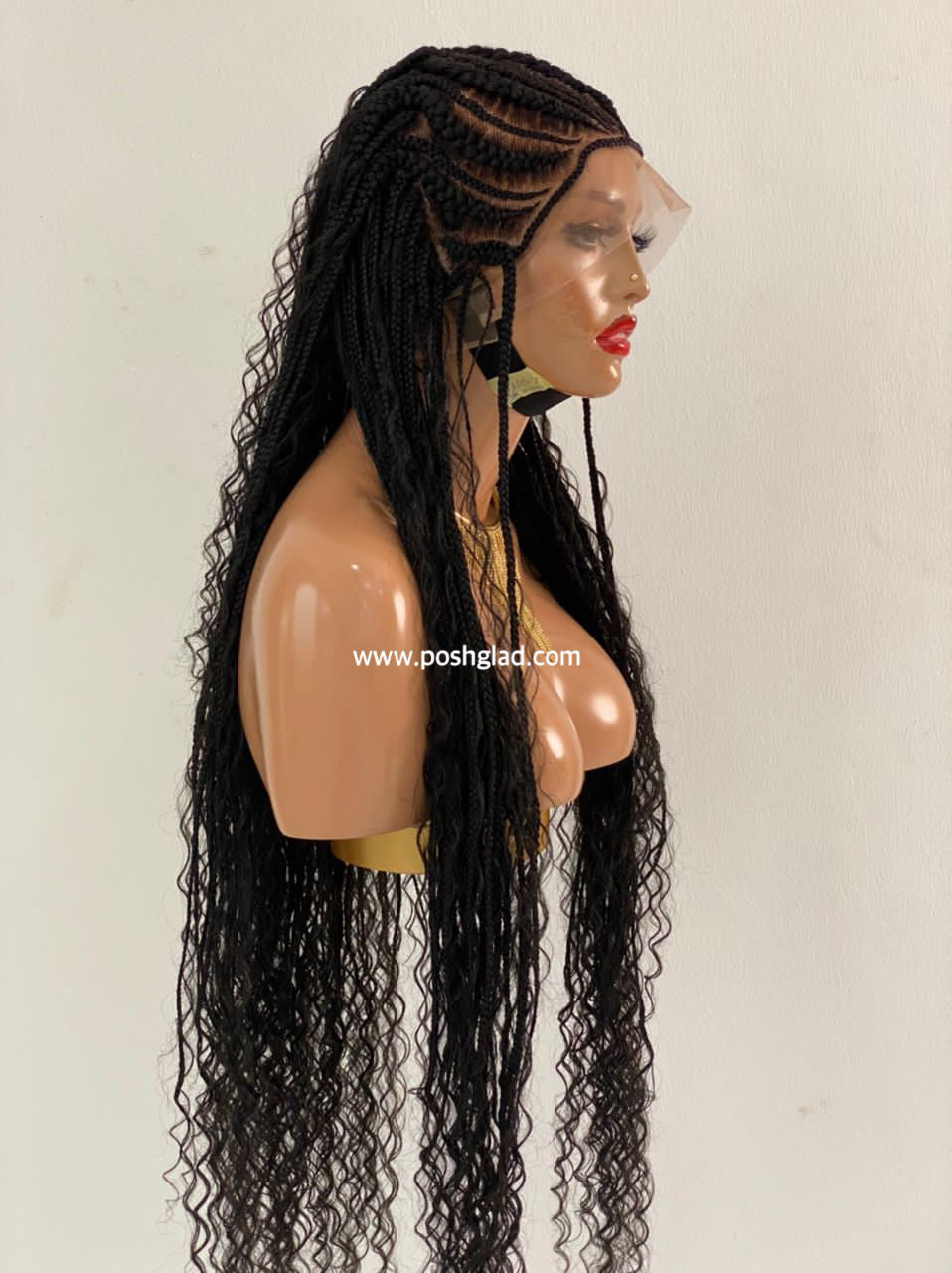 French Cornrow Bohemian Wig, Swiss Full Lace, Black, Waist Length, Standard Density - Leviana