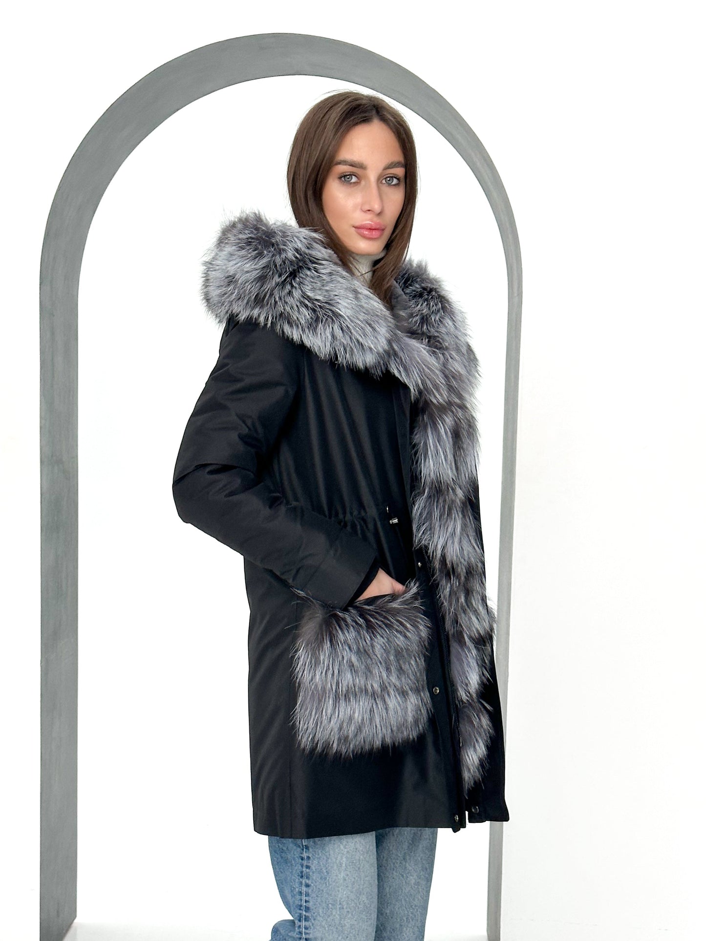 Genuine Silver Fox Fur Rabbit Fur Insulated Parka