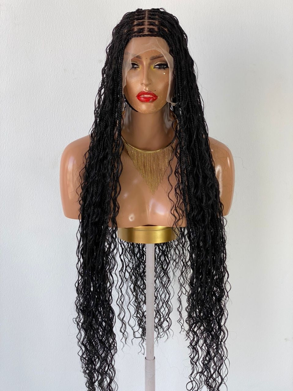 Bohemian Knotless Braided Wig, Swiss Full Lace, Black Color, Waist Length - READY TO SHIP