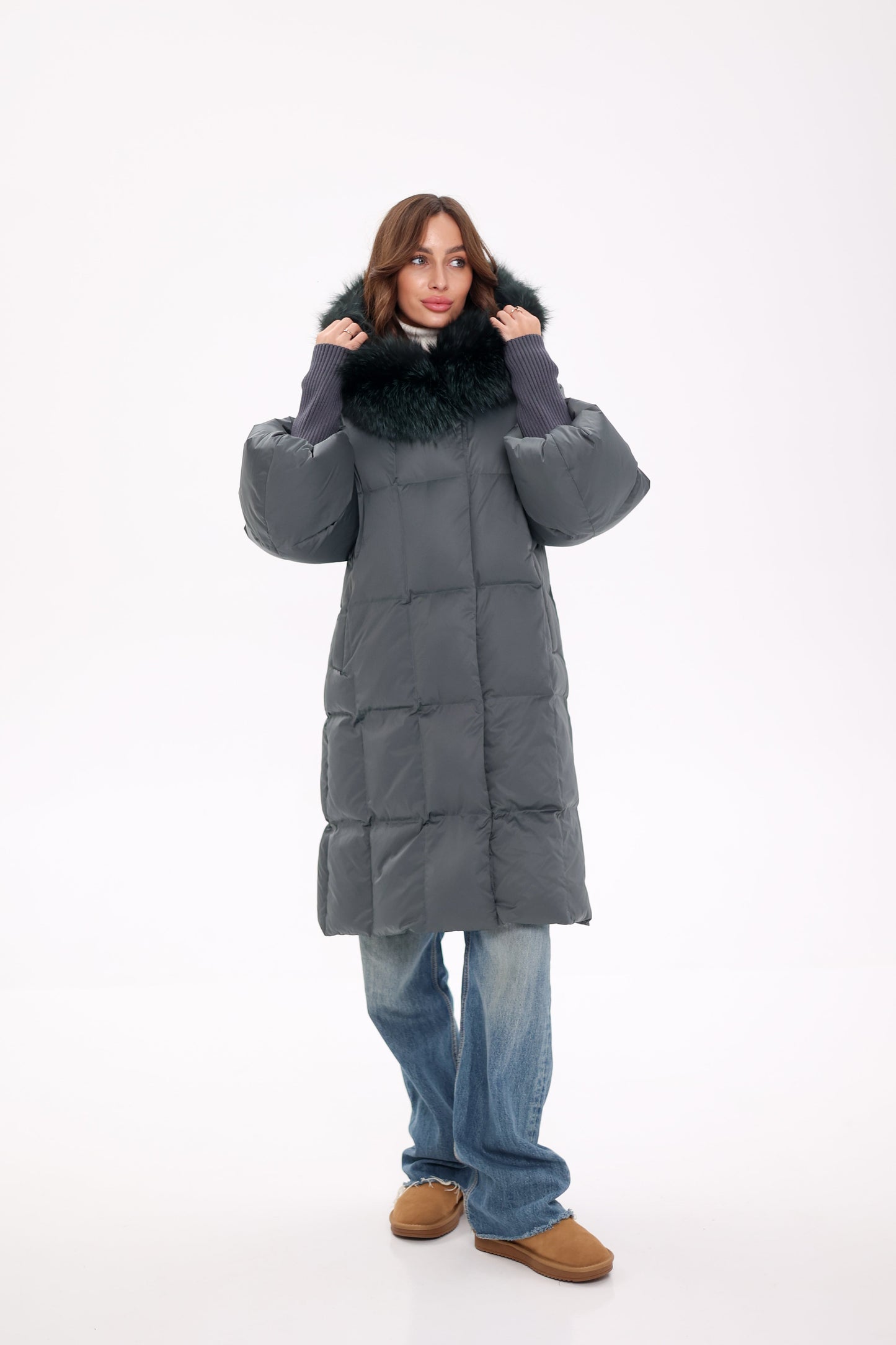 Genuine Silver Fox Fur Trim Down Coat in Forest Slate