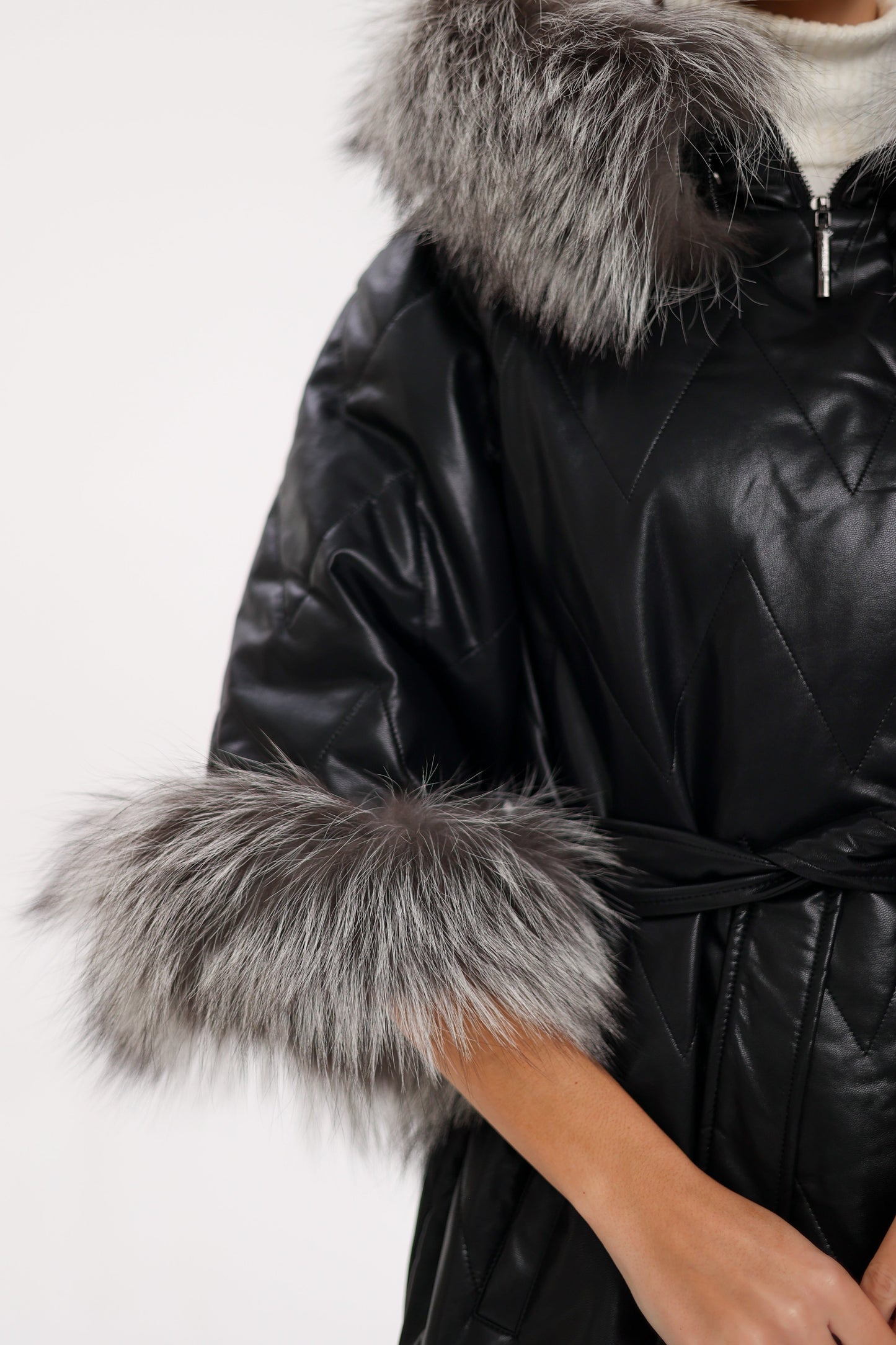 Genuine Silver Fox Eco-Leather Coat with Sleeve Extenders