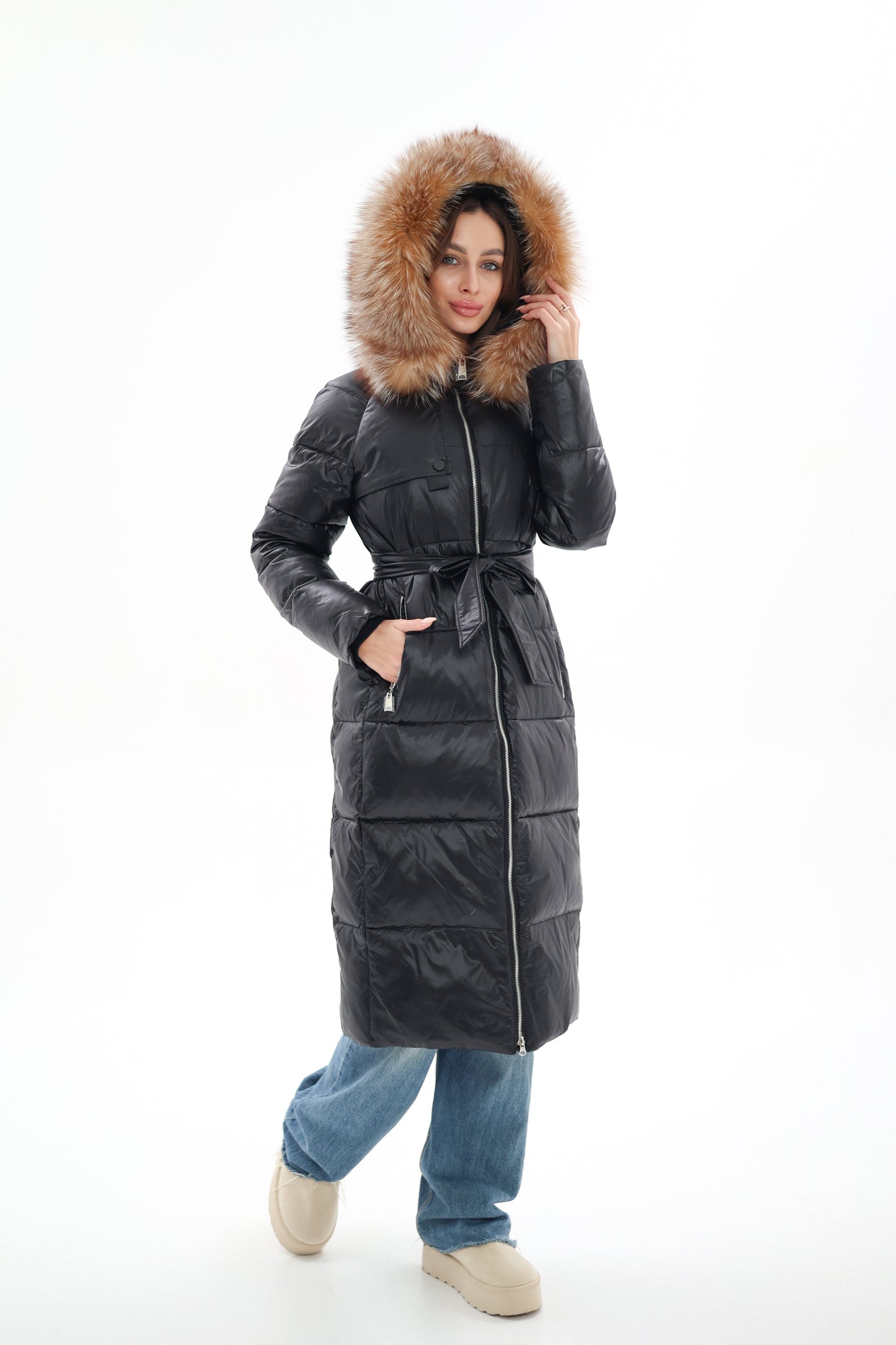 Genuine Silver Fox Fur Alternative Down Fill Coat