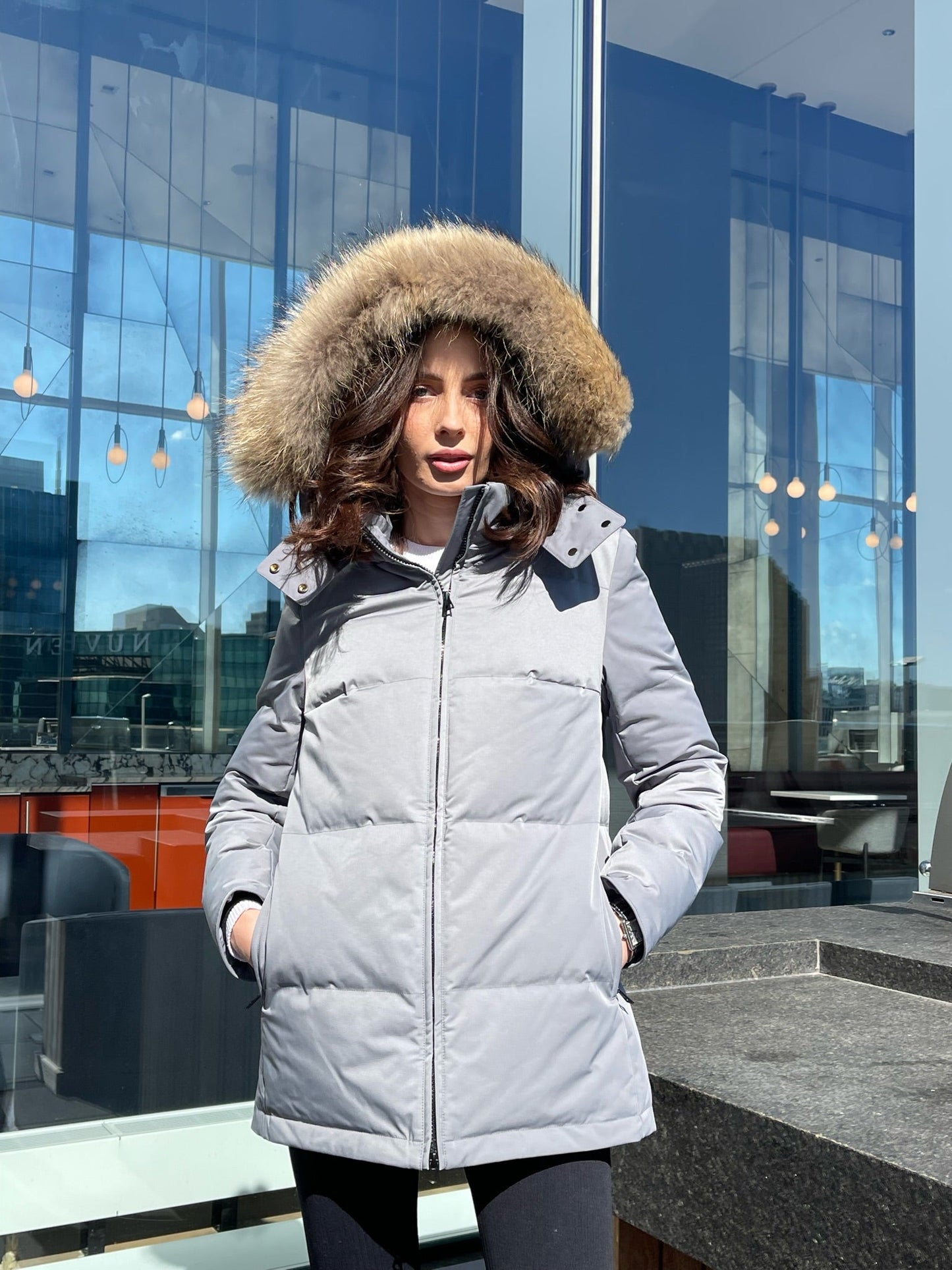 Melbourne Coyote Fur Down Classic Parka in Grey