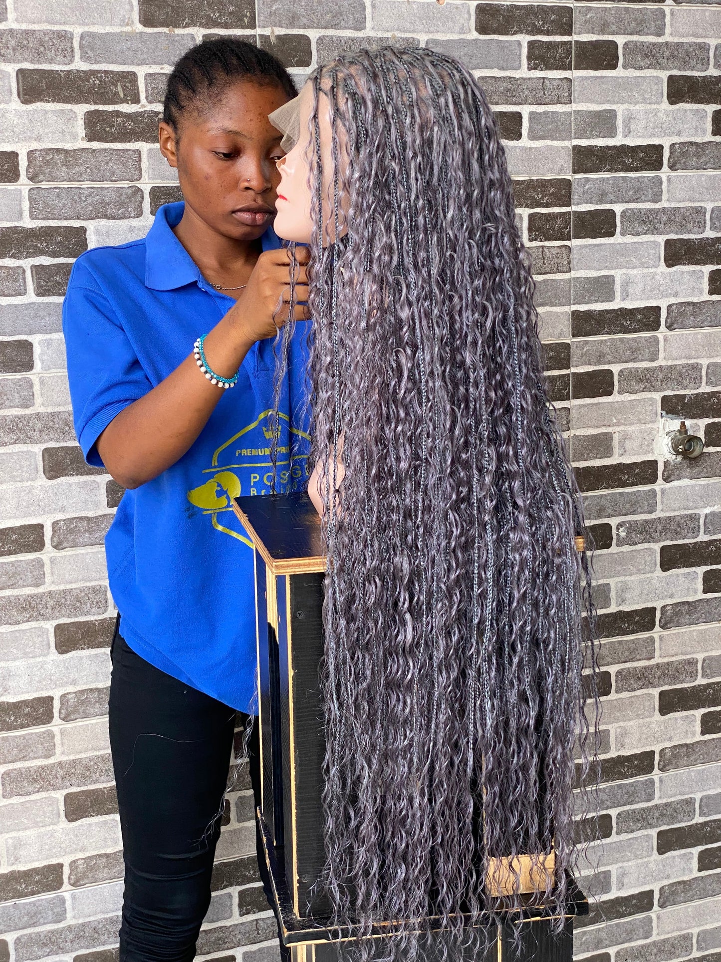 100% Human Hair Bohemian Knotless Braid Wig, Gray Color, Waist Length - (TARA GERY)