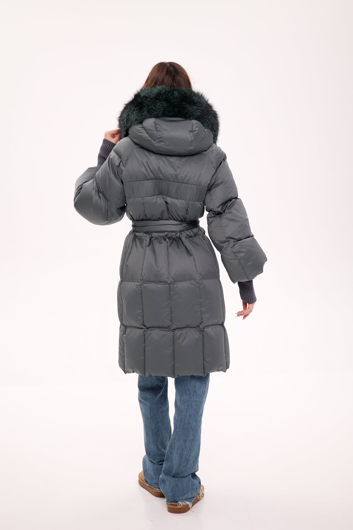 Genuine Silver Fox Fur Trim Down Coat in Forest Slate