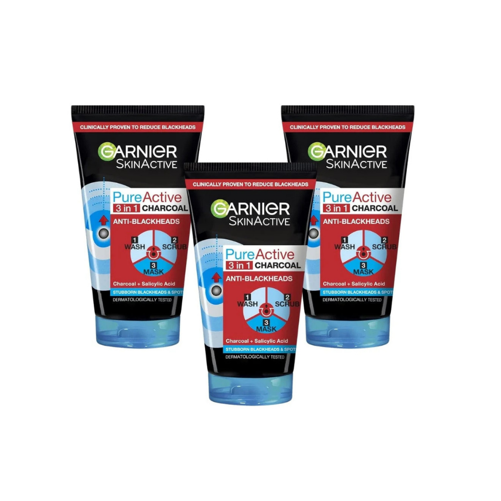 Garnier Pure Active Intensive 3en1 Nettoyant Visage Anti-Points Noirs au Charbon 150 ml Lot de 3