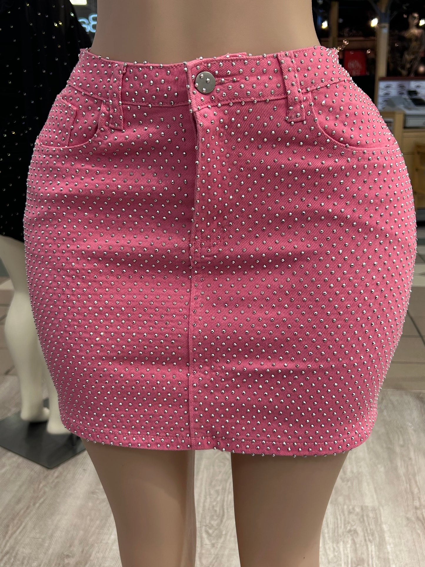 Brianna Rhinestone Denim Mini Skirt with Functional Pockets and Stretch Fabric