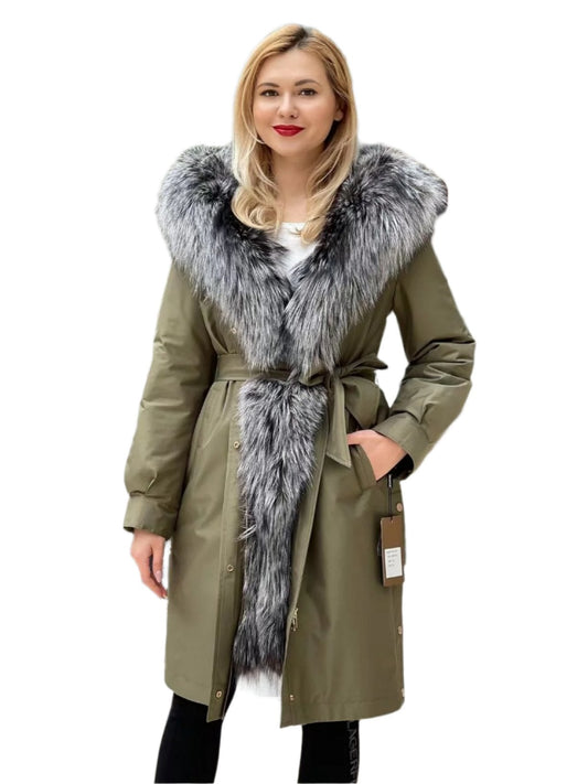 Parka isolée en fourrure de lapin et fourrure de renard argenté véritable