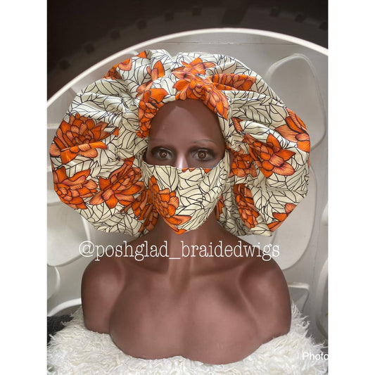 Fabric Made Hair Bonnet & Nose Mask - Orange