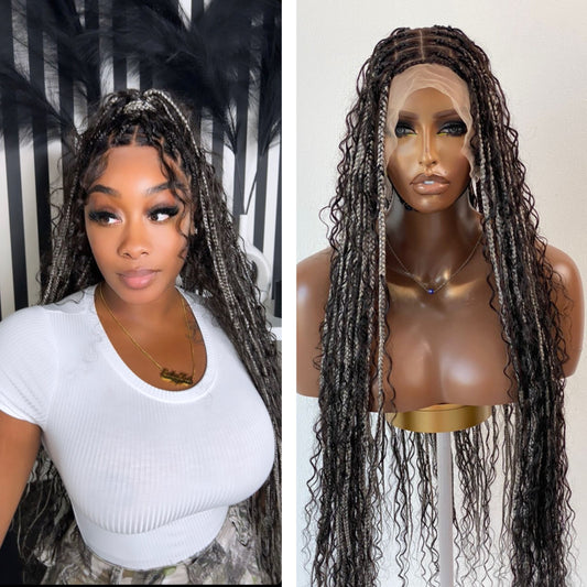 Bohemian Knotless Braid Wig, HD Full Lace, Waist Length, Mixed Colors, Full Density - PARIS